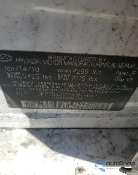 2011 Hyundai Sonata Gls z USA, uszkodzony, nr VIN 5NPEB4AC3BH004663